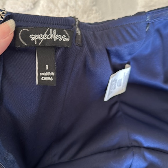 Prom dress size 1 strapless navy blue scuba like evening gown w/ peplums on hips - Picture 9 of 11